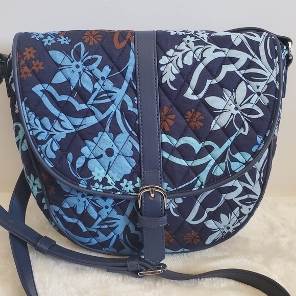 𝅺VERA Bradley Retired Fall 2016 Navy Blue Floral Slim Saddle Crossbody Bag Purse - Picture 3 of 16